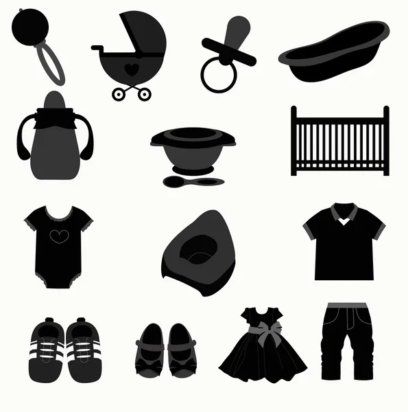 Conjunto de ícones de bebê preto. Coleção de itens de bebê para cuidar — Vetor de Stock
