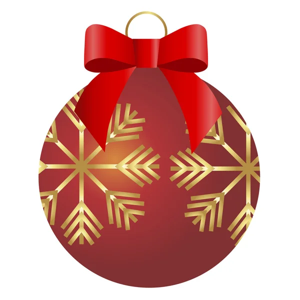 Icono de color bola roja de Navidad con copos de nieve de oro y un lazo rojo — Archivo Imágenes Vectoriales