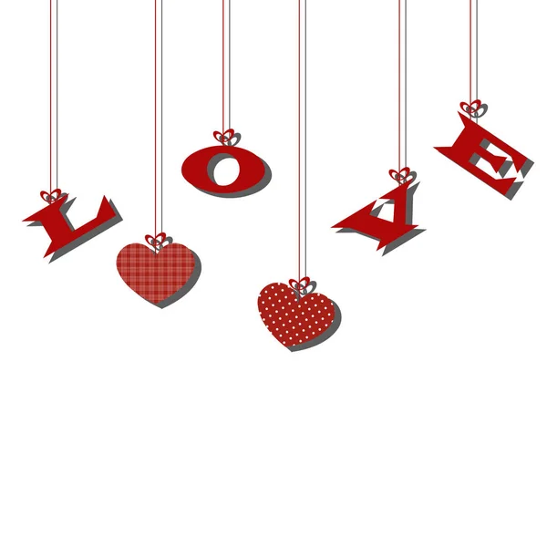 Závěsné červené dopisy lásky a srdce na bílém podkladu. — Stockový vektor