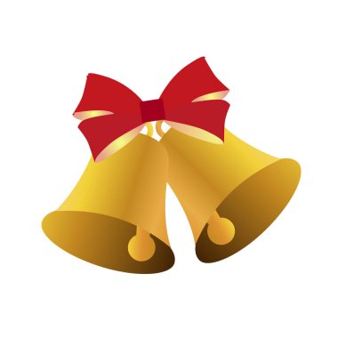 Beyaz zemin üzerine kırmızı yay ile renkli simge iki altın çan. 