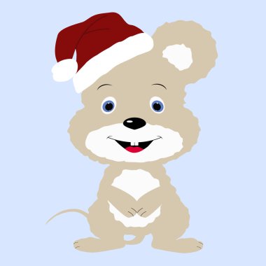 simge şirin bebek mavi bir arka plan üzerinde Santa şapka içinde Noel küçük tilki