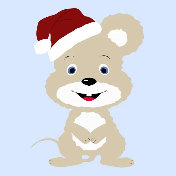 Icône mignon bébé Noël petit renard dans un chapeau de Père Noël sur un fond bleu — Image vectorielle