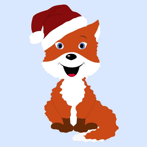 Icono lindo bebé Navidad pequeño zorro en un sombrero de Santa sobre un fondo azul — Vector de stock