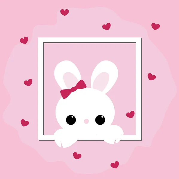 Cute greeting card Bunny in the window frame on pink background — Stock Vector