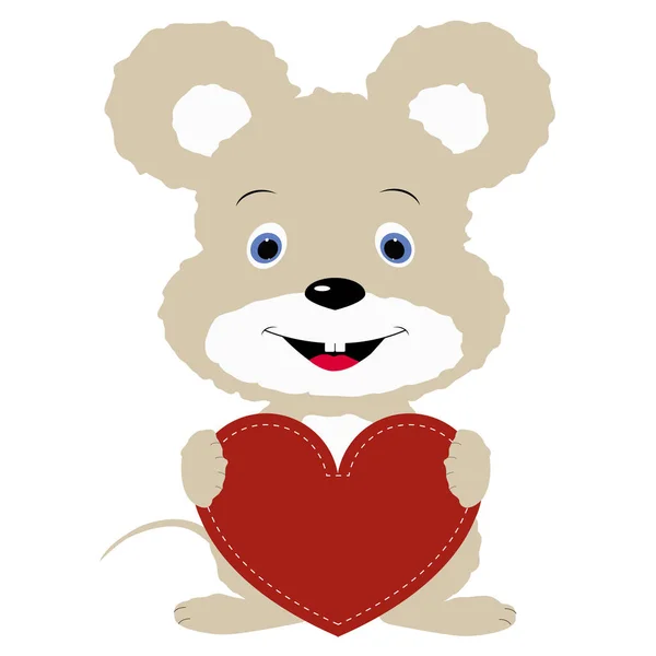 Icône souris mignonne tenant un cadre de coeur rouge sur un fond blanc — Image vectorielle