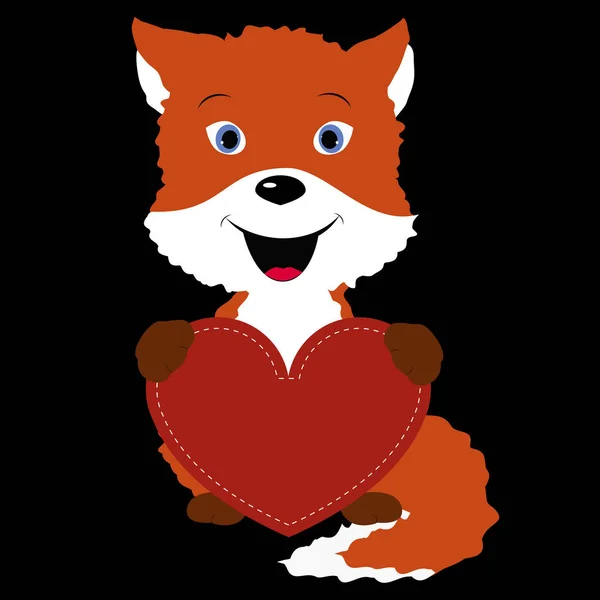 Icon cute Fox holding a red heart frame on black background. tem — Stock Vector
