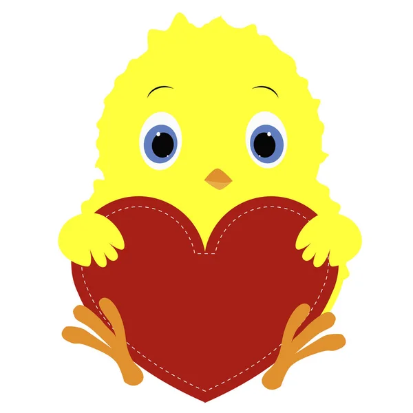 Postcard chicken holding a red heart. template for greetings on — Stock Vector