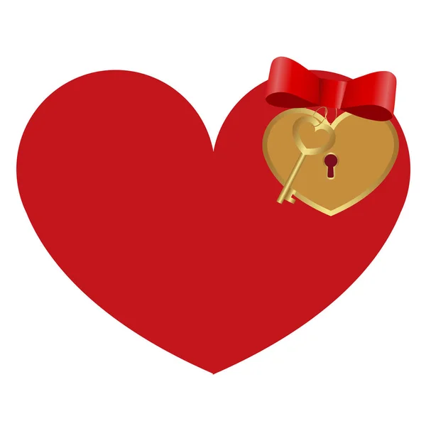 Icona cuore rosso con una serratura e una chiave d'oro su sfondo bianco . — Vettoriale Stock