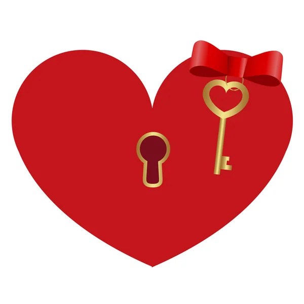 Icona a forma di cuore rosso serratura con una chiave d'oro su sfondo bianco — Vettoriale Stock