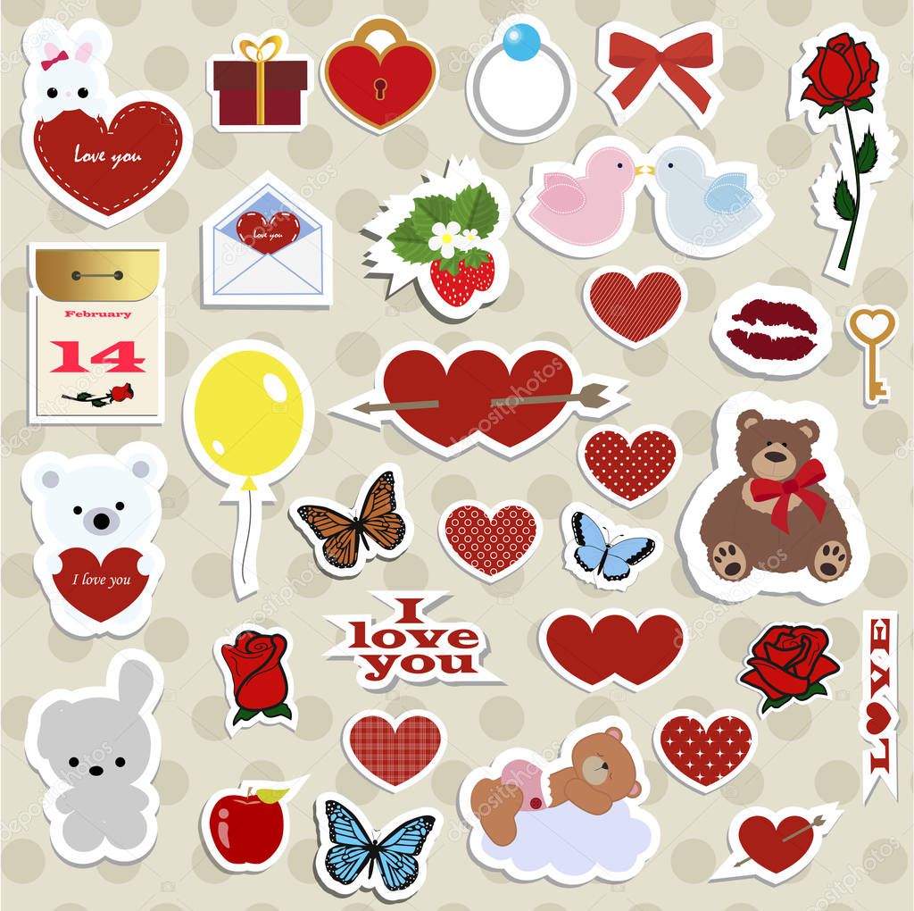 Conjunto de pegatinas, insignias y etiquetas para el día de San Valentín  con escuchar Vector de Stock de ©dofa80 137458138