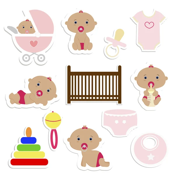 Etiquetas do chuveiro do bebê. Ícones de menina. Ilustração vetorial . —  Vetores de Stock