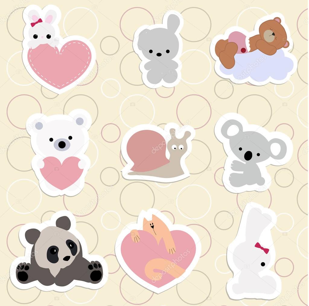 Set of children's stickers of cute animals in cartoon style. collection baby stripes, labels and icons. baby shower or arrival. vector illustration. template for decoration or greetings
