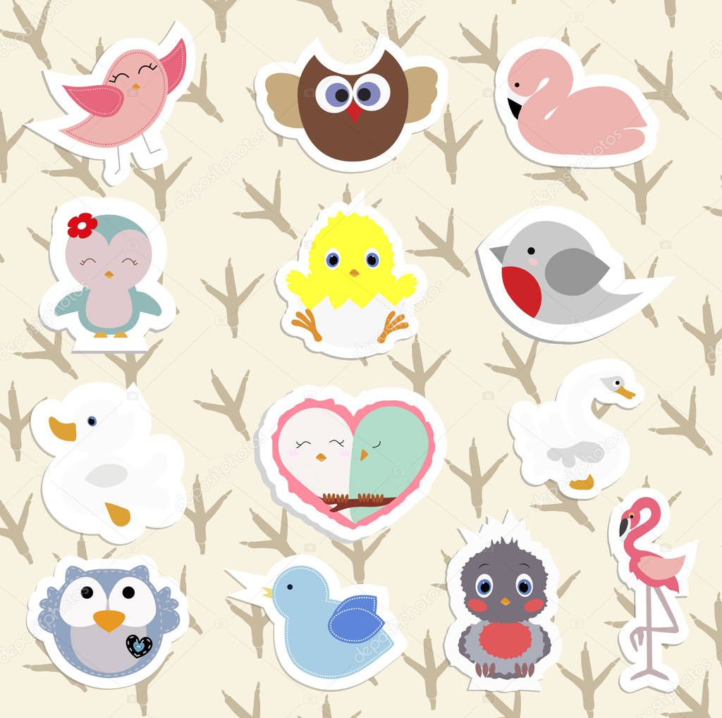 Set of children's stickers cute birds in cartoon style. collection baby stripes, labels and icons.baby shower or arrival. vector illustration. pattern for decoration or greetings