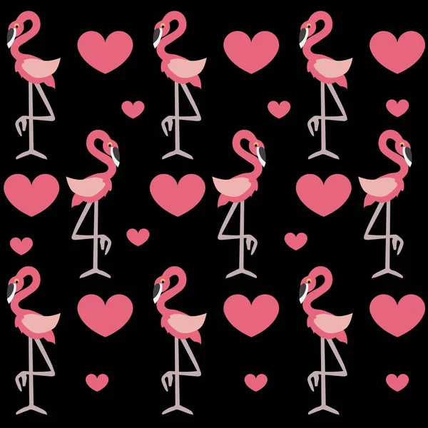 Cute baby background with pink flamingos and heart on a black ba — Stock Vector