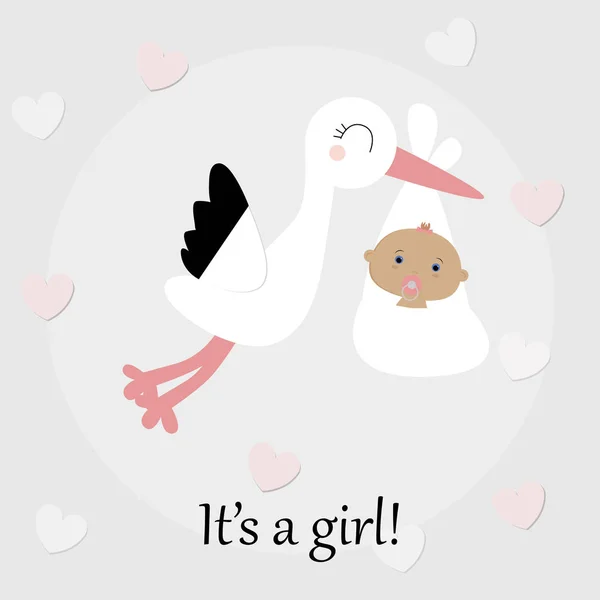 Симпатичный детский плакат аист летит с новорожденной девочкой. baby showe — стоковый вектор