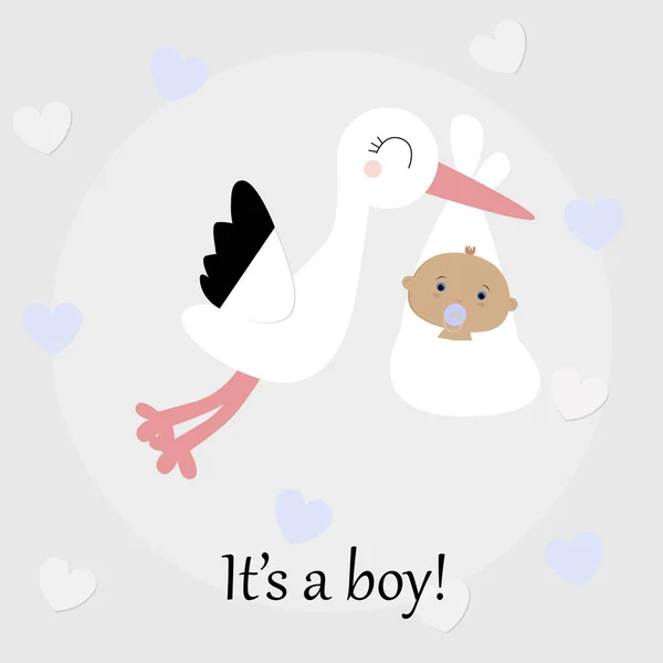 Милий дитячий плакат лелека, що літає з новонародженим хлопчиком. дитяче взуття — стоковий вектор