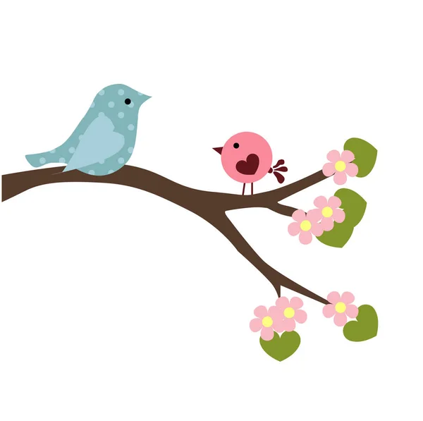 Ilustración del bebé de primavera de aves de pareja en la rama de un flujo — Vector de stock