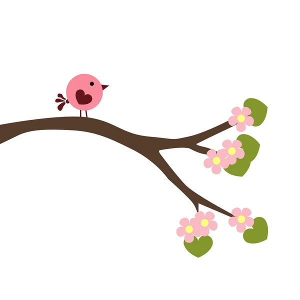 Spring baby illustration bird on a branch of a flowering tree. a — Stock Vector