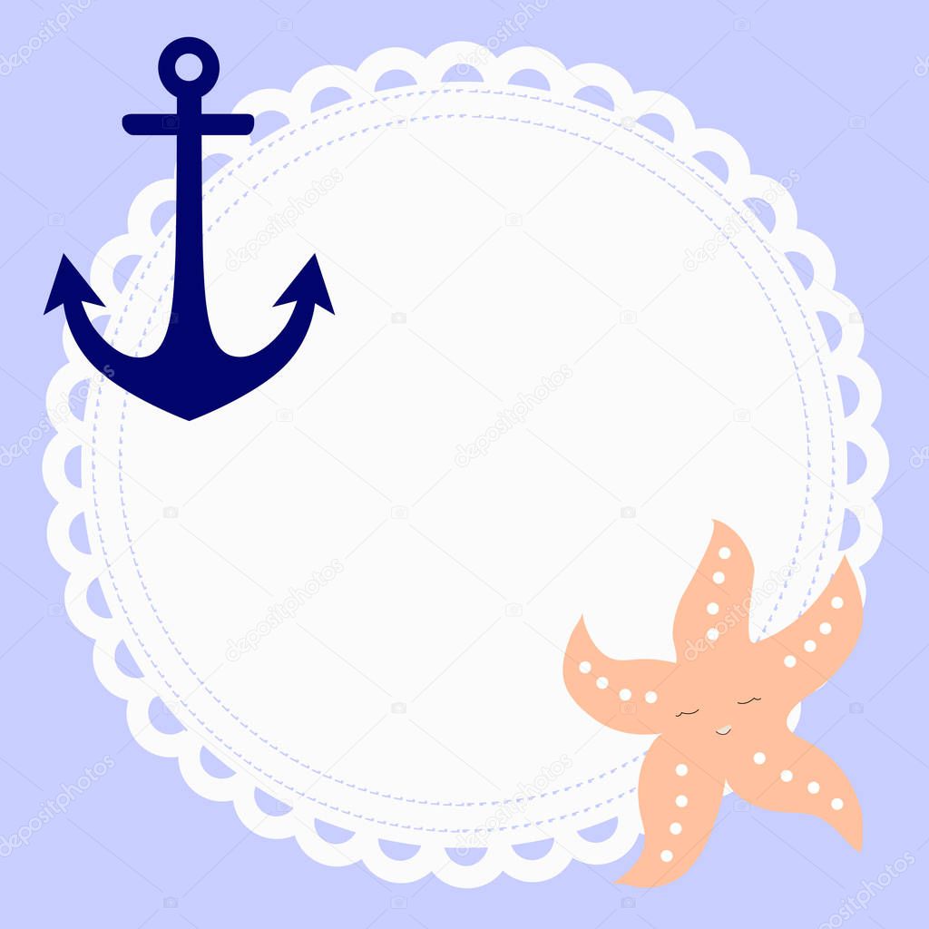 cute round baby frame in nautical style with anchor and starfish