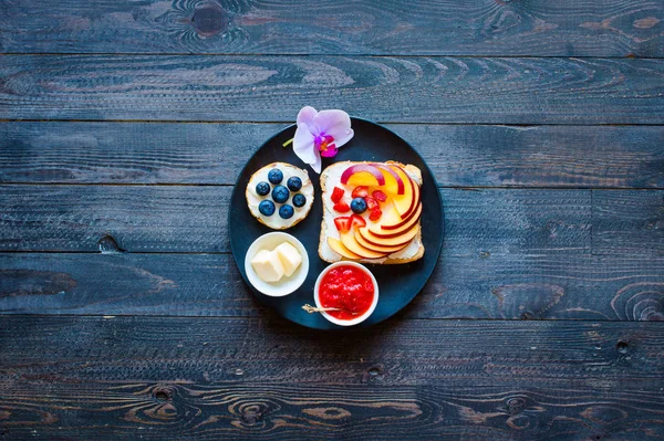 Delicious healthy breakfast, fruit sandwiches with different fil