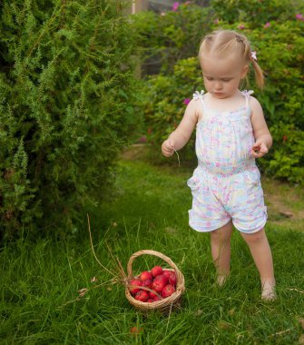 Kırmızı elma ile bir sepet ile'nın bahçesinde oynayan sarışın kız