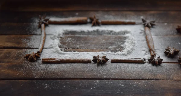 Cinnamon Stick Frame Stars Anise Icing Sugar Christmas Decor — Stok Foto