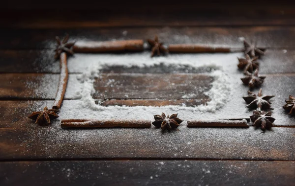 Cinnamon Stick Frame Stars Anise Icing Sugar Christmas Decor — Stok Foto