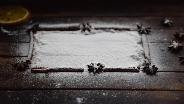 Cinnamon Stick Frame Stars Anise Icing Sugar Christmas Decor — Stok Foto