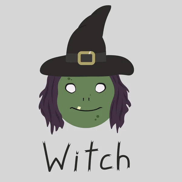 Cara de bruxa dos desenhos animados com chapéu. Inscrição - bruxa — Vetor de Stock