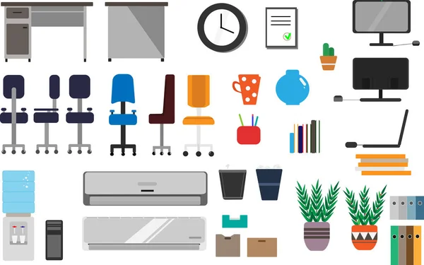 A large set of items for the office which includes a table, chairs of various kinds, watches, computer, laptop, papers, stand, plants, vases, and more — Stock Vector