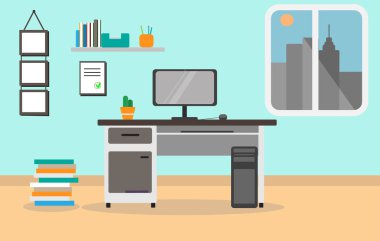 Şehir manzarasına sahip bir modern ofis veya işyeri odada tek kişilik bir masa, bilgisayar, raf, kitaplar ve bir pencere ile illüstrasyon