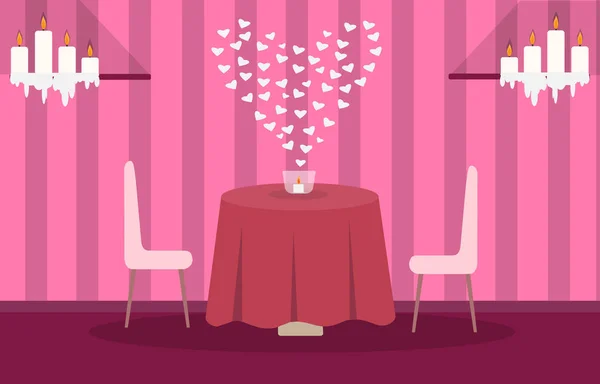 레스토랑의 마음, 촛불, 줄무늬와 벽지 배경에 분홍색 2 좌석 테이블 발렌타인의 날을 기리는 의미에서 저녁 식사를 위한 공간 인테리어의 그림 — 스톡 벡터