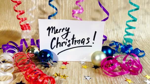 Merry Christmas Card Lettering Colorful Decorations Golden Background — Stock Video