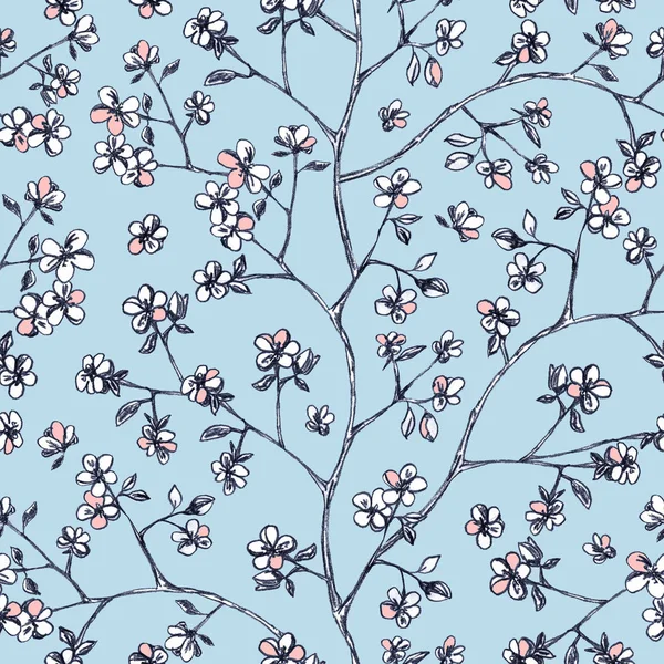 Цветы Розовой Вишни Ветвях Нарисованные Вручную Бесшовный Узор Басом Синем — стоковое фото