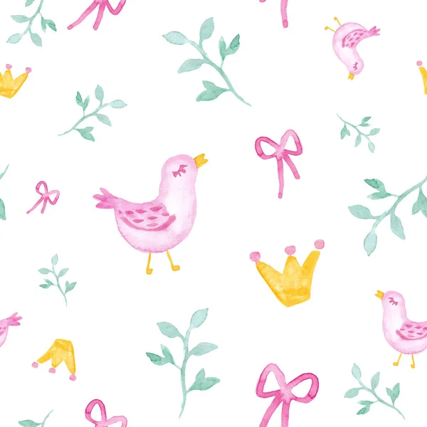 Pink Birds Branches Princess Crown Watercolor Painting Hand Drawn Seamless — Stock Photo, Image