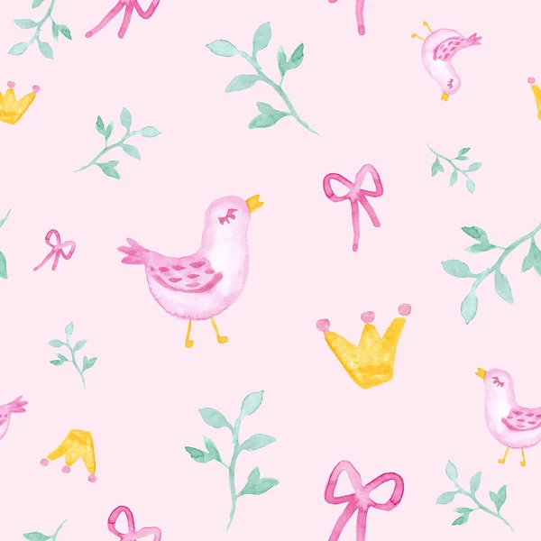 Aves Con Ramas Pintura Color Acuoso Princesa Corona Patrón Dibujado — Foto de Stock