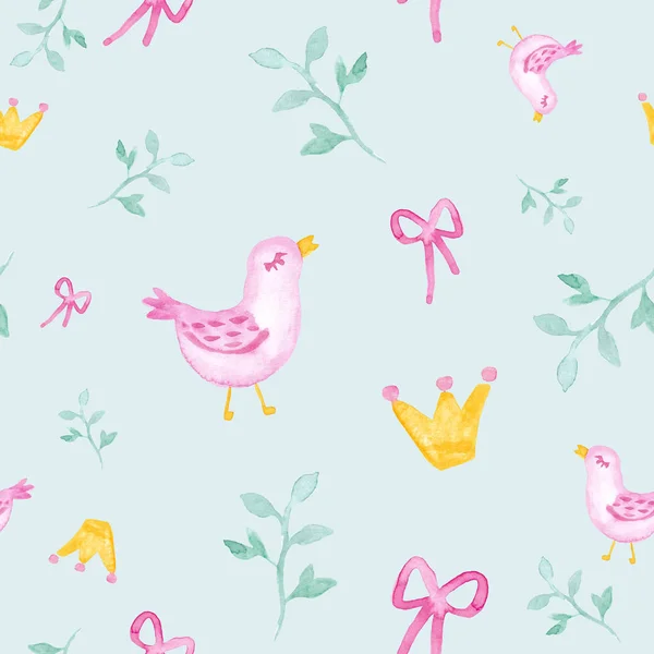 Pink birds with branches and princess crown watercolor painting - hand drawn seamless pattern on blue background