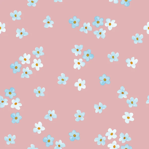 Маленькие Синие Белые Цветы Акварель Ручной Рисунок Бесшовный Узор Розовом — стоковое фото