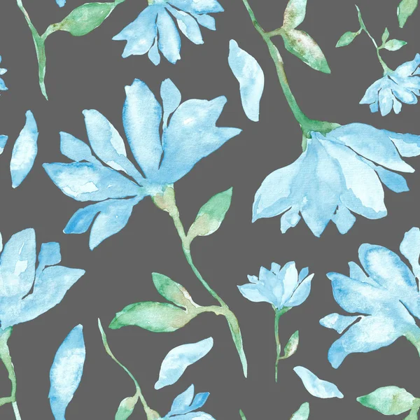 Голубые Большие Цветы Акварелью Нарисованный Вручную Безпечатный Узор Басом Груди — стоковое фото