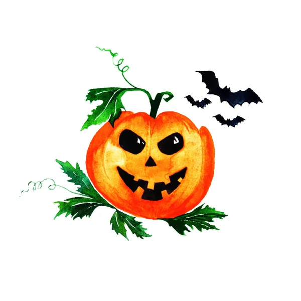Halloween pumpkin with flying bats on white background. Watercolor illustration.  Illustration isolated on white background.