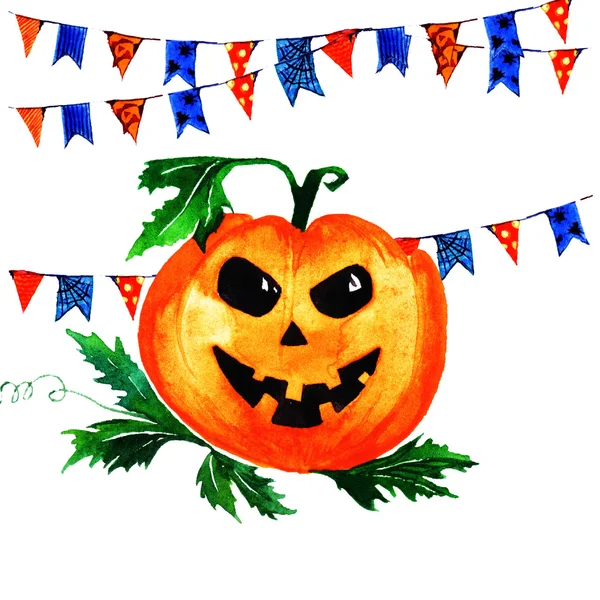 Halloween pumpkin with garlands of flags on white background. Watercolor illustration