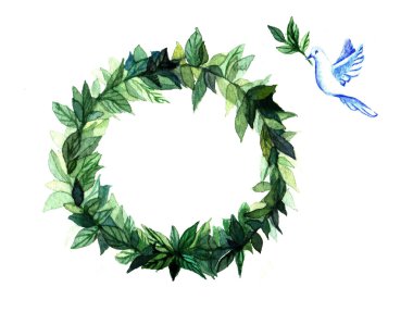 Suluboya çelenk daire çerçeve beyaz arka plan üzerinde izole yeşil çiçek dalları ile baharat.