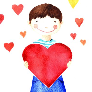 Büyük kırmızı bir kalp onun elinde tutan küçük sevimli gülümseyen çocuk. Hayır. İzole suluboya çizimi