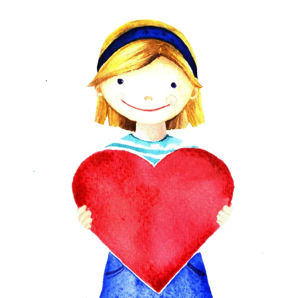 Una niña bonita y sonriente sosteniendo un gran corazón rojo en sus manos. Acuarela ilustración pintada a mano aislada en blanco . — Foto de Stock