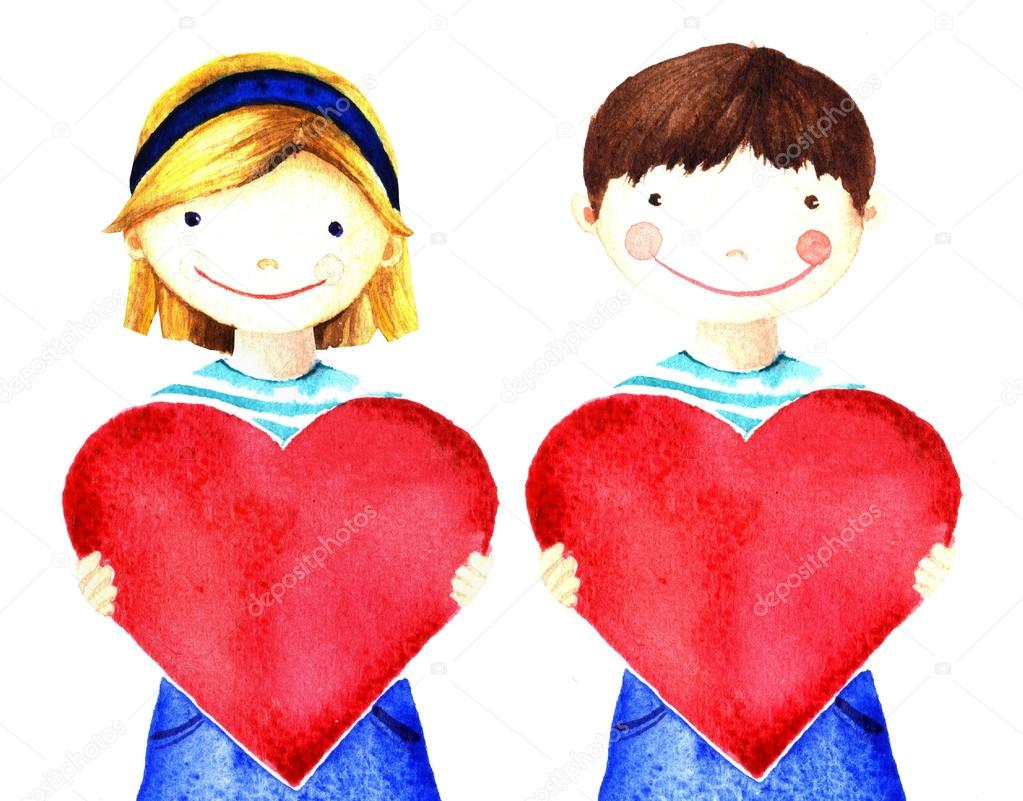 Little pretty beautiful smiling girl holding big red heart in his hands. Watercolor hand painted illustration isolated on white.