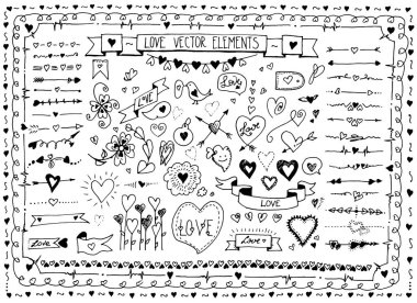 Doodle kroki elle çizilmiş kalp öğeleri büyük kümesi. Tasarım aşk öğeleri beyaz arka plan üzerinde vektör kümesi. Sevgililer günü tebrik kartları