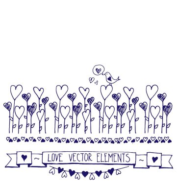 Doodle kalpler kıvrımlarına kartıyla. Sevgililer günü tebrik kartları. Romantik kalplerini kurdeleler ile kroki