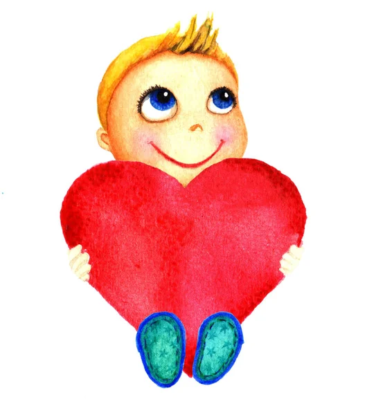 One little cute smiling boy holding a big red heart in his hands. Charity baby. Kid dreams and hopes to receive charity. Isolated watercolor drawing on a white background. — Stock Photo, Image