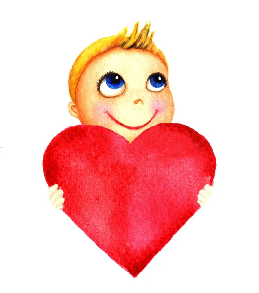 Jeden roztomilý usměvavý chlapeček drží velké červené srdce ve svých rukou. Dětskou charitu. Kid sny a doufá, že získat charitu. Izolovaný akvarel kresba na bílém pozadí. — Stock fotografie