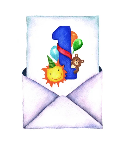 第一个生日的问候卡的水彩信封。白色背景上的孤立。手绘的设计元素。与画水彩的一封信的信封. — 图库照片